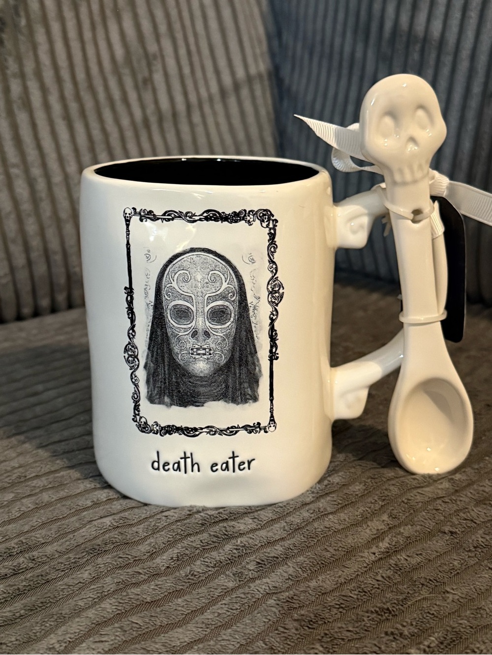 Rae Dunn x Harry Potter Black & White Mug w/Skull Spoon - 'death eater' NWT